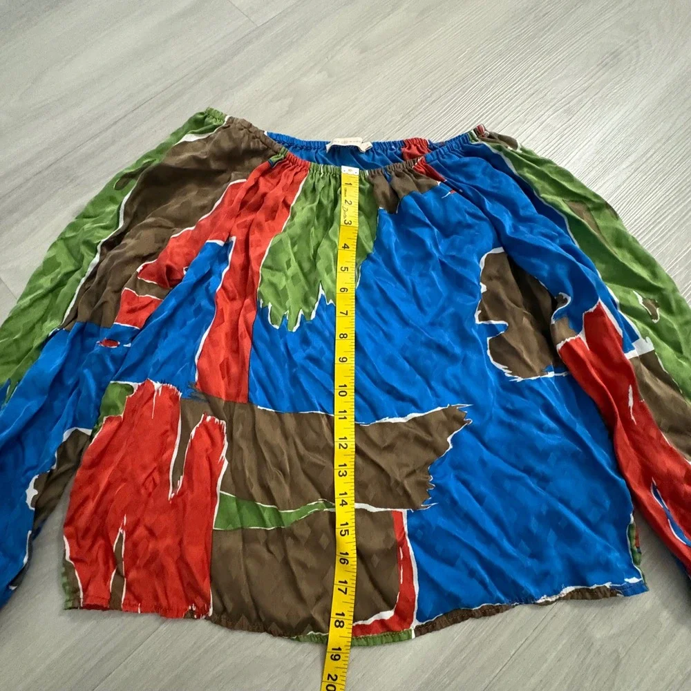 Tory Burch Blouse Women Abstract Geometric Silk Blue Red Green Long Sleeve Top 2